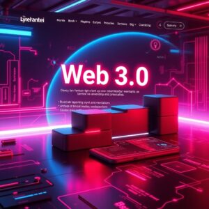 Futuristic website design for Web 3.0, incorporating blockchain technology, decentralized applications, and user-owned data. Neon colors, interactive 3D elements, and a clean, minimalist layout. Dynamic data visualization, seamless user experience, and a focus on privacy and security. Digital art style with a touch of cyberpunk influence.