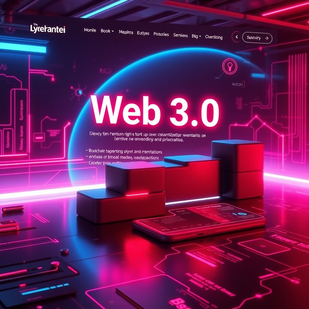 Futuristic website design for Web 3.0, incorporating blockchain technology, decentralized applications, and user-owned data. Neon colors, interactive 3D elements, and a clean, minimalist layout. Dynamic data visualization, seamless user experience, and a focus on privacy and security. Digital art style with a touch of cyberpunk influence.