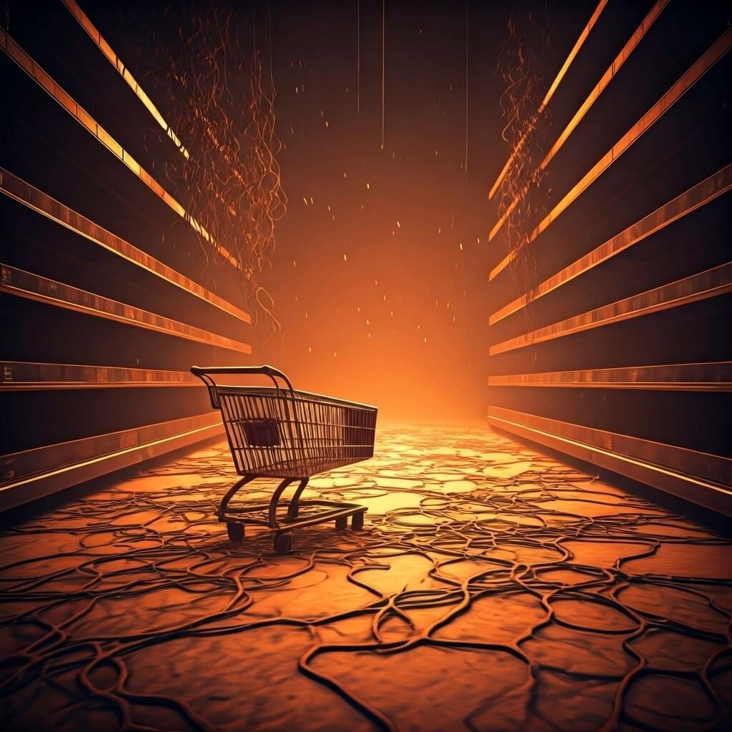 Lonely shopping cart in a desolate, digital landscape. Overgrown with pixelated vines, dust motes swirling in the virtual wind, casting long shadows. Empty product shelves fade into the background. Somber, muted color palette with hints of forgotten neon signs reflecting on the chrome. A poignant symbol of e-commerce failure.