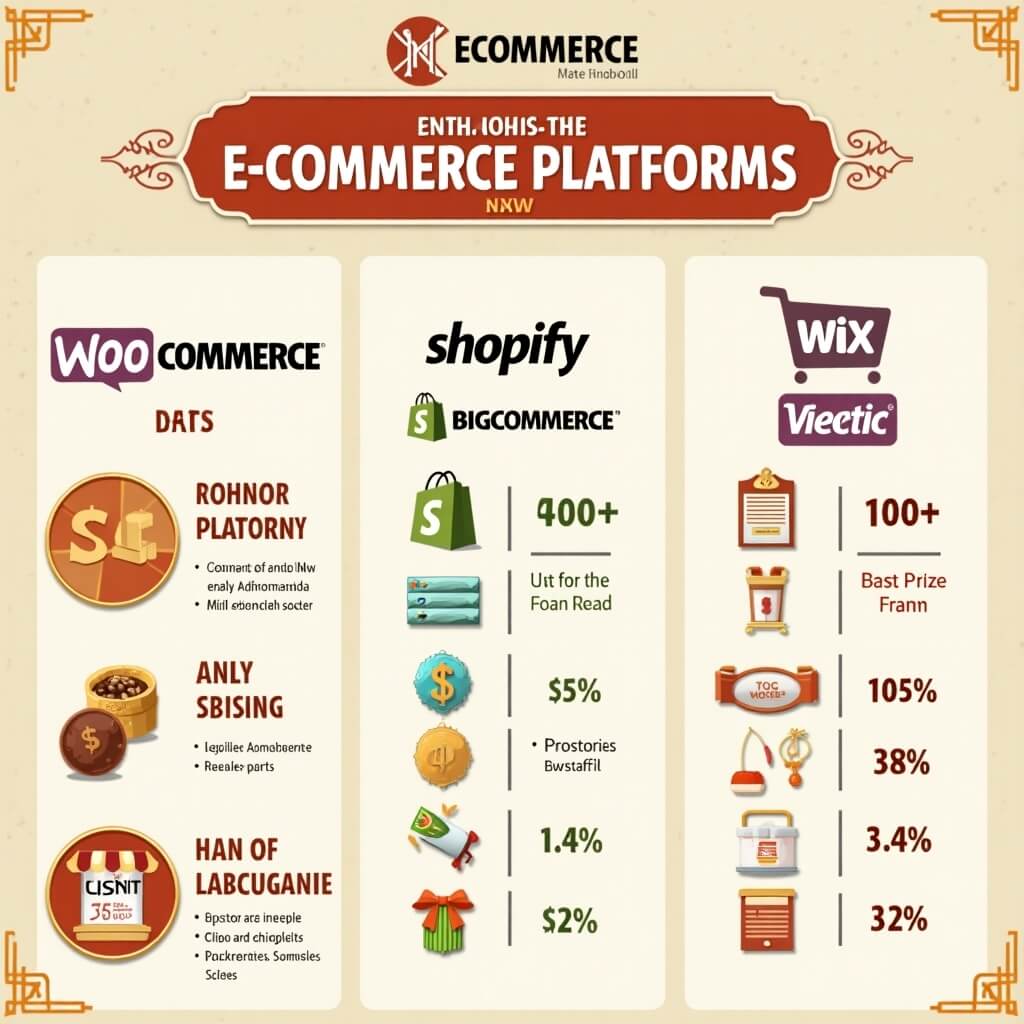 Infographic comparing eCommerce platforms: WooCommerce, Shopify, Wix, and BigCommerce. Chart highlighting features, pricing, scalability, and ease of use. Visual analysis for business suitability. Clean, modern design with data visualizations.