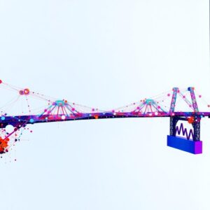 Abstract representation of a blockchain bridge, connecting two distinct digital networks. Visualize data packets flowing smoothly across this ethereal bridge, ensuring seamless interoperability. Highlight the bridge's architecture with intricate nodes and secure cryptographic protocols. Use vibrant colors to represent the different blockchain ecosystems and a sense of trust and efficiency.