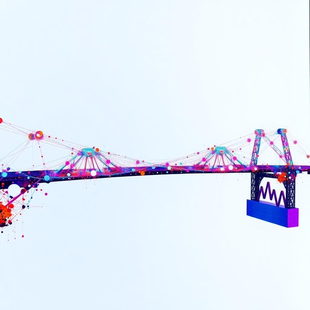 Abstract representation of a blockchain bridge, connecting two distinct digital networks. Visualize data packets flowing smoothly across this ethereal bridge, ensuring seamless interoperability. Highlight the bridge's architecture with intricate nodes and secure cryptographic protocols. Use vibrant colors to represent the different blockchain ecosystems and a sense of trust and efficiency.