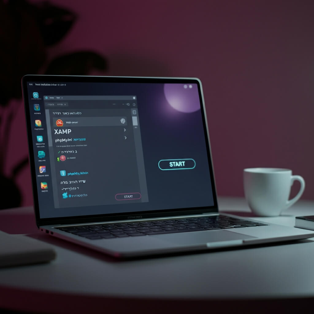 A modern, clean, and minimalistic desktop workspace showing the installation of a web server (XAMPP) on a laptop screen, with clear visual elements like Apache, MySQL, phpMyAdmin icons. Light UI, flat design, with Hebrew labels and a "Start" button glowing. Warm lighting, tech startup vibe.