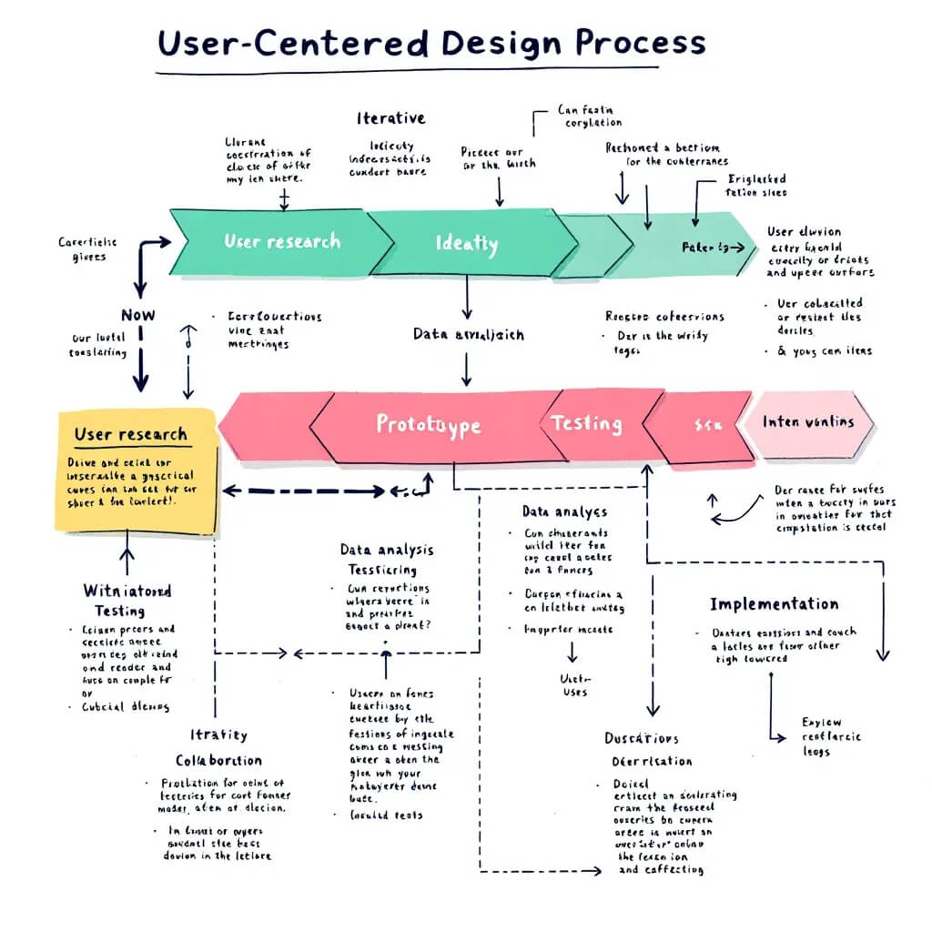 Diagram of a user-centered design process, showcasing iterative stages: user research, ideation, prototyping, testing, and implementation. Include visual cues for collaboration, data analysis, and feedback loops. Use a clean, modern aesthetic with a color palette that conveys efficiency and clarity. Aim for an infographic style that is easily understandable.